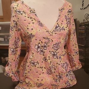 Lilly Pulitzer  Yellow Floral V Neck Cotton Blouse